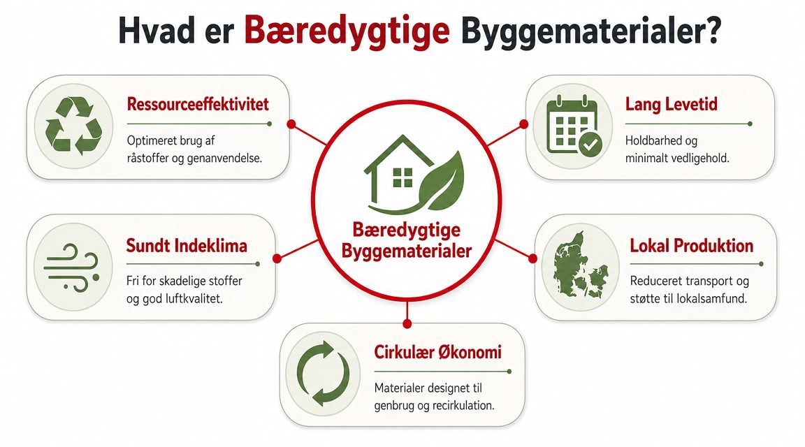 Infografik der illustrerer fem centrale kriterier for bæredygtige byggematerialer som ressourceeffektivitet, lang levetid og sundt indeklima.