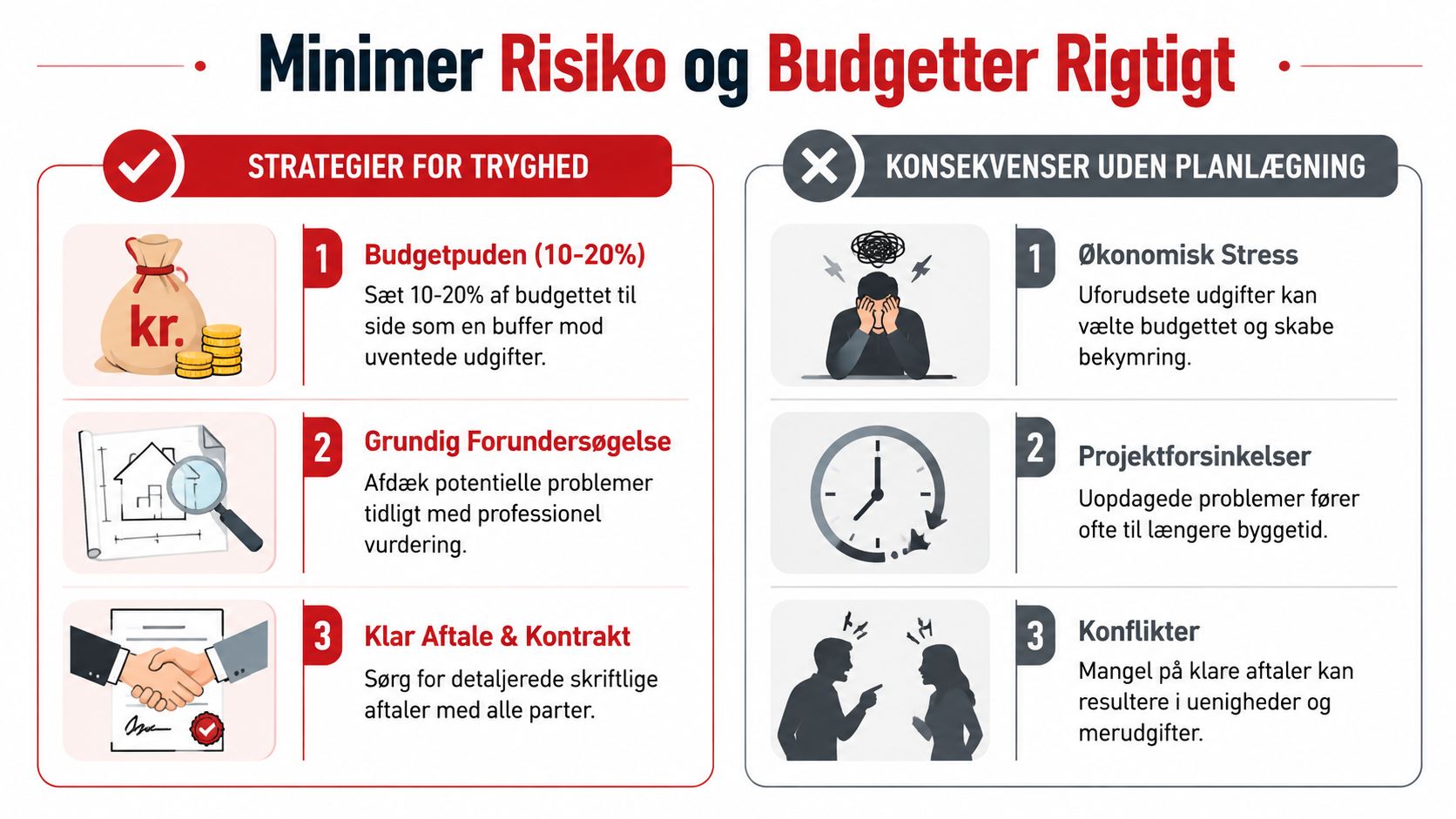 En infografik der viser hvordan man minimerer økonomisk risiko og sikrer korrekt budgettering ved byggeprojekter.