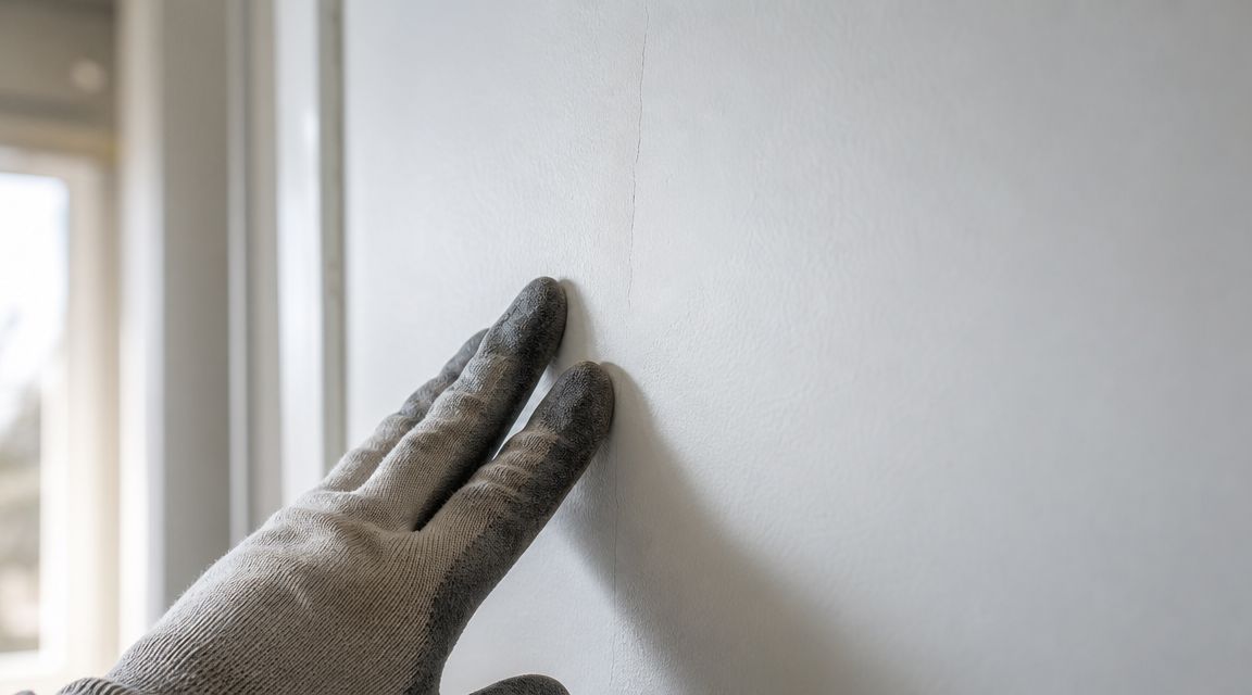 En person med arbejdshandsker inspicerer en revne i en hvidmalet væg tæt på en dørkarm.