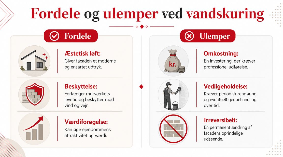 En oversigt over fordele og ulemper ved vandskuring af en boligs facade, præsenteret med tekst og ikoner.