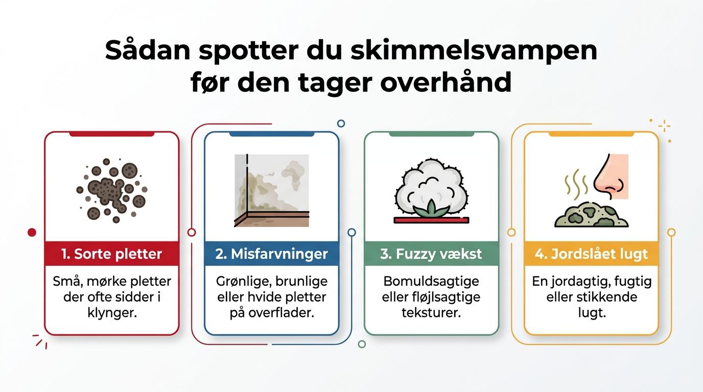 En infografik på dansk der viser fire tegn på skimmelsvamp i hjemmet: sorte pletter, misfarvninger, fuzzy vækst og jordslået lugt.