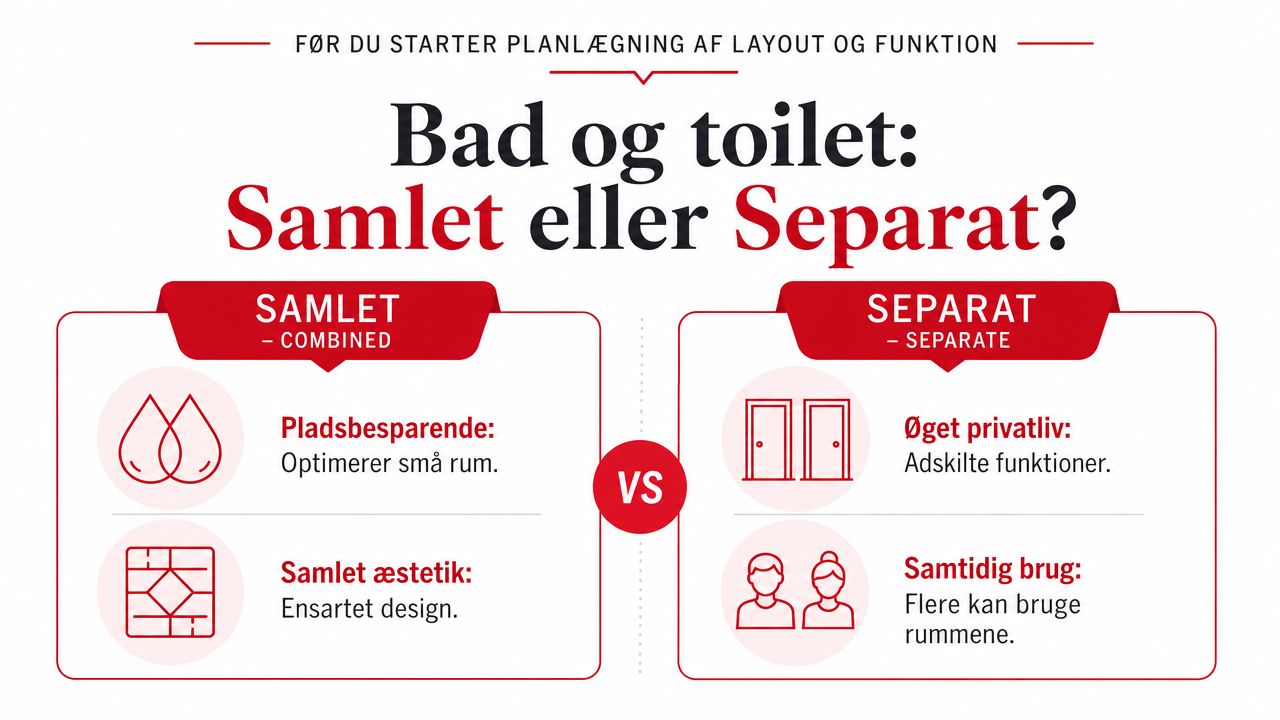 En infografik der sammenligner fordele ved at have bad og toilet samlet eller separat i boligindretningen.