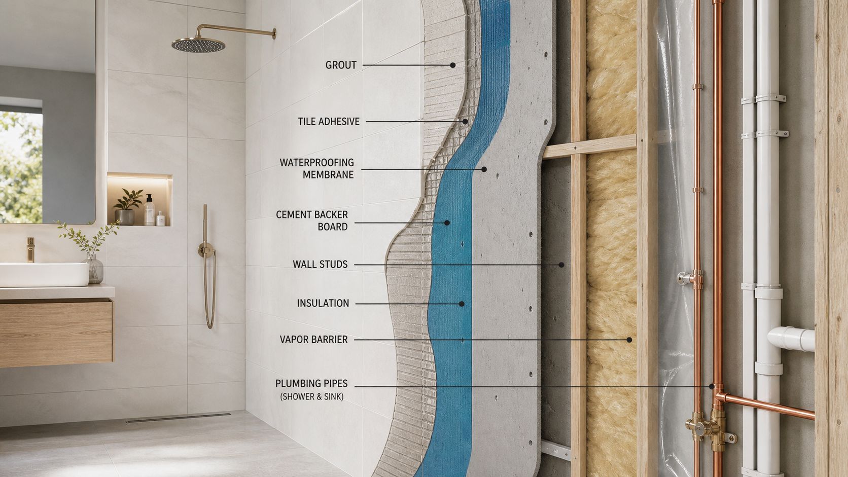 En detaljeret teknisk illustration, der viser opbygningen af en moderne brusevæg med isolering, rørføring og vandtætningslag.