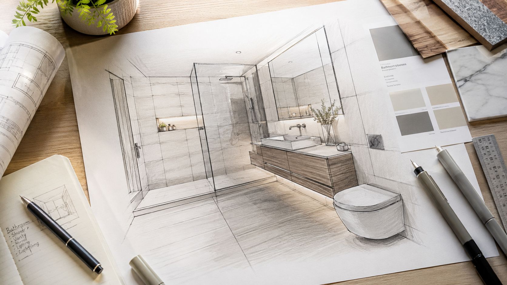 En detaljeret arkitekttegning af et moderne badeværelse med bruseniche, vaskemøbel, toilet og tilhørende materialeprøver på et træbord.