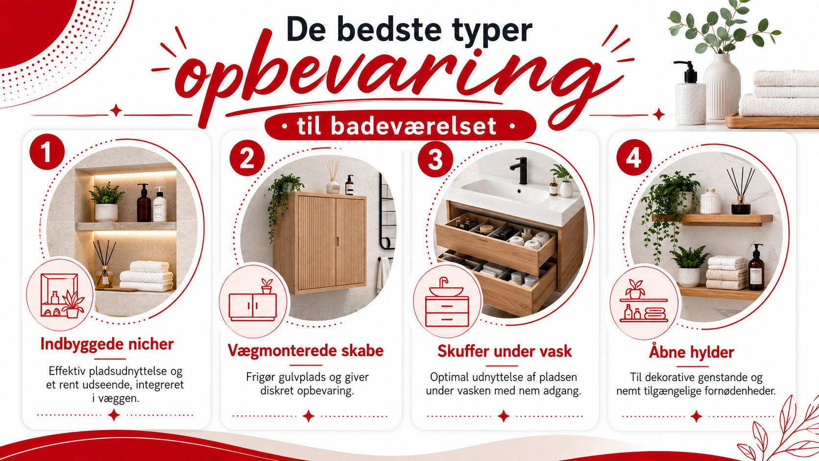 Grafik med fire forskellige typer af smart opbevaring til badeværelset, herunder nicher, skabe, skuffer og åbne hylder.