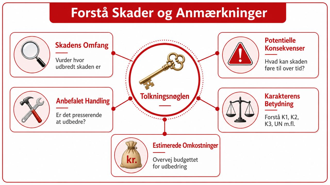 Infografik der forklarer tilstandsrapportens vurdering af skader, anmærkninger, omkostninger og nødvendige handlinger ved huse.