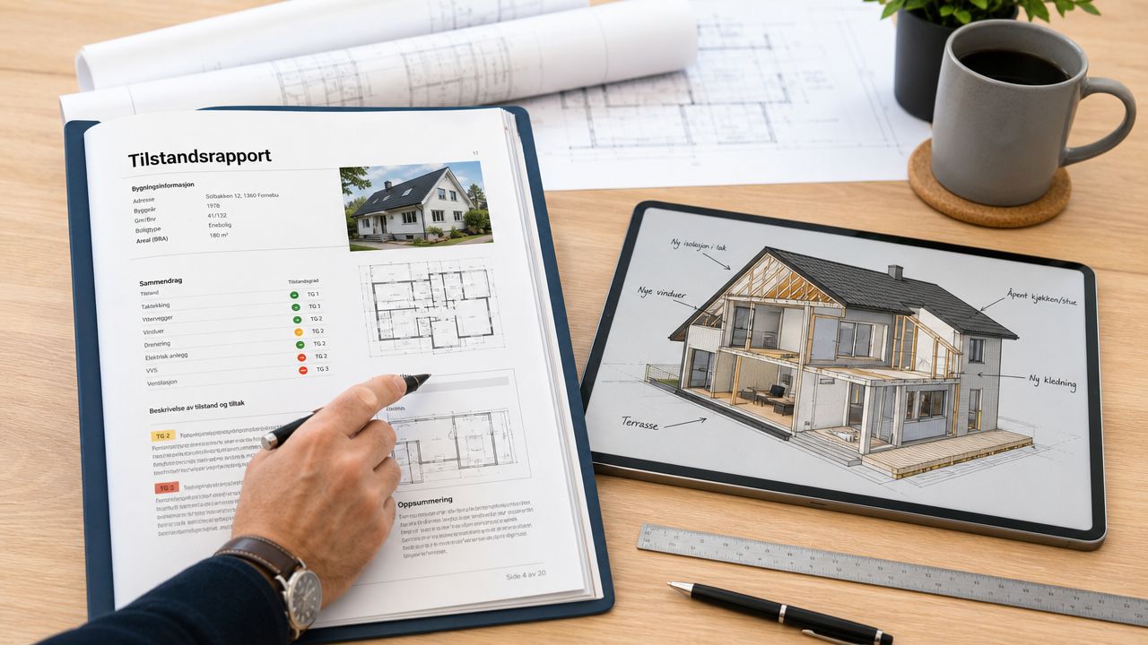 En person gennemgår en tilstandsrapport for et hus med byggetegninger og arkitektplaner på et kontorbord.