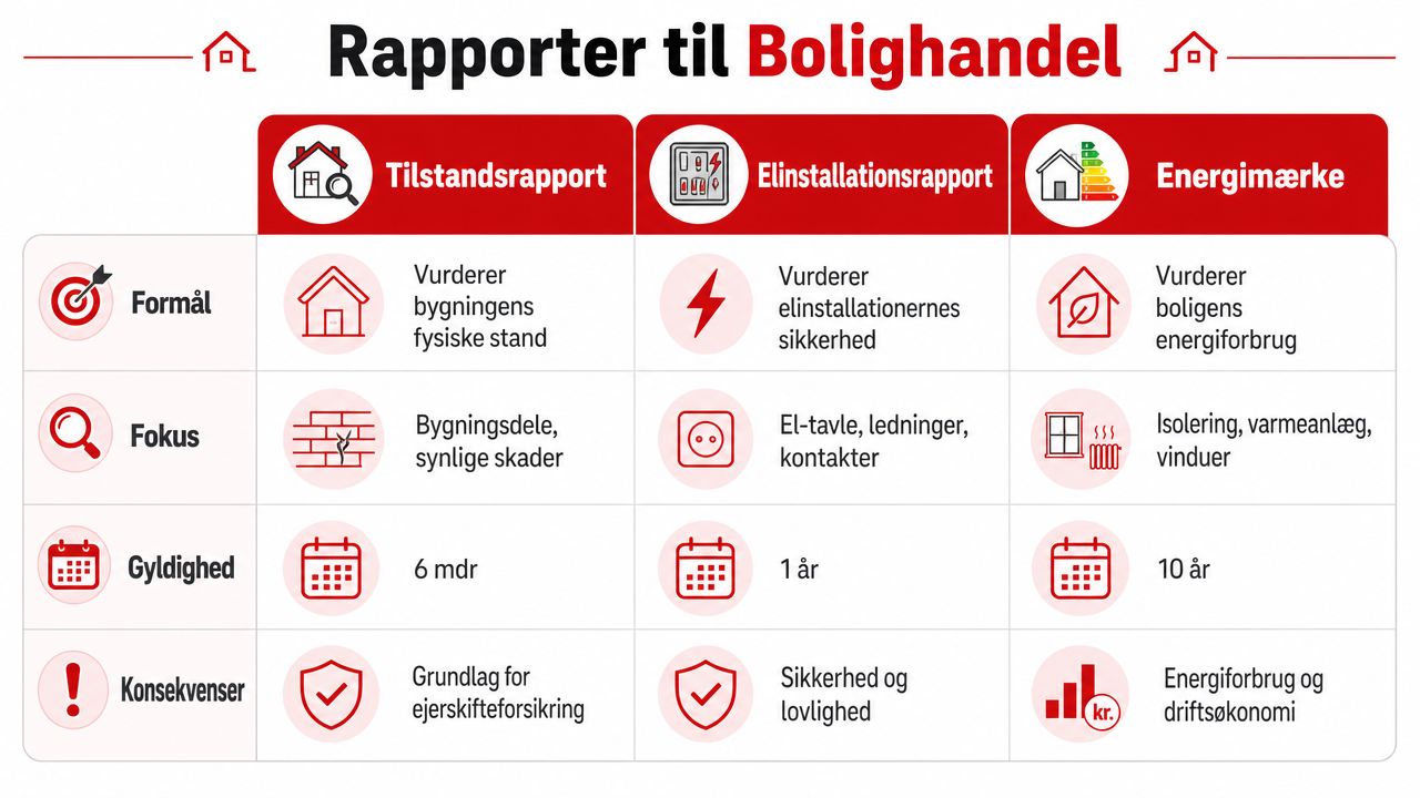 Oversigt over rapporter til bolighandel, herunder tilstandsrapport, elinstallationsrapport og energimærke med deres formål, fokus, gyldighed og konsekvenser.