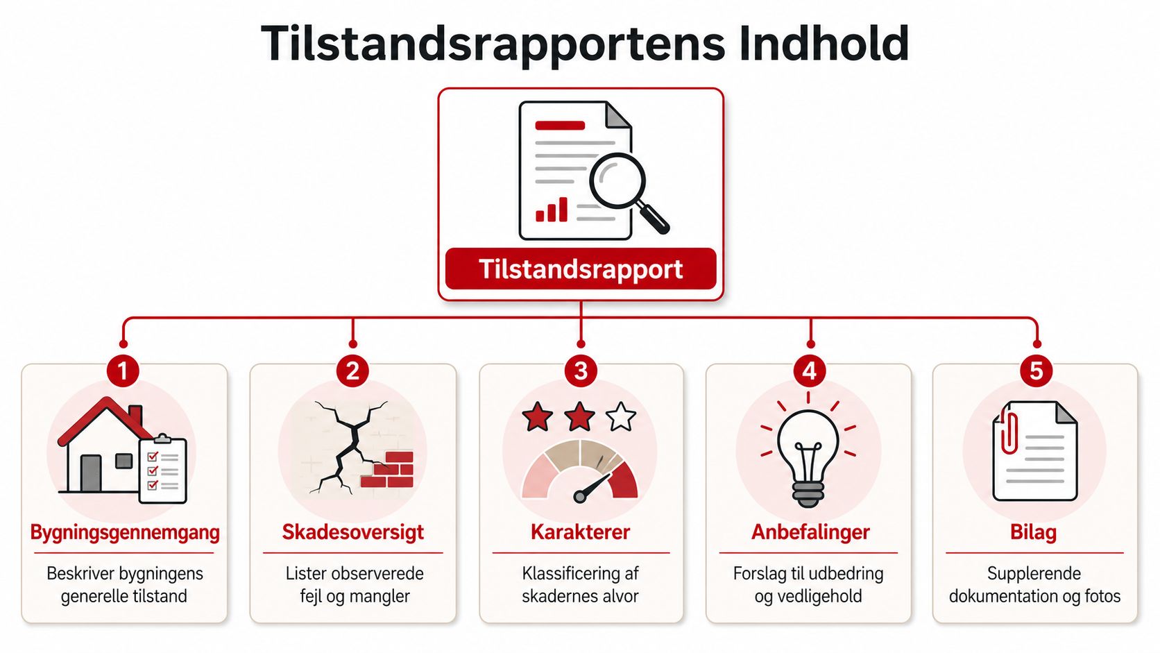 En infografik der viser indholdet af en tilstandsrapport med fem centrale elementer for bygningseftersyn.