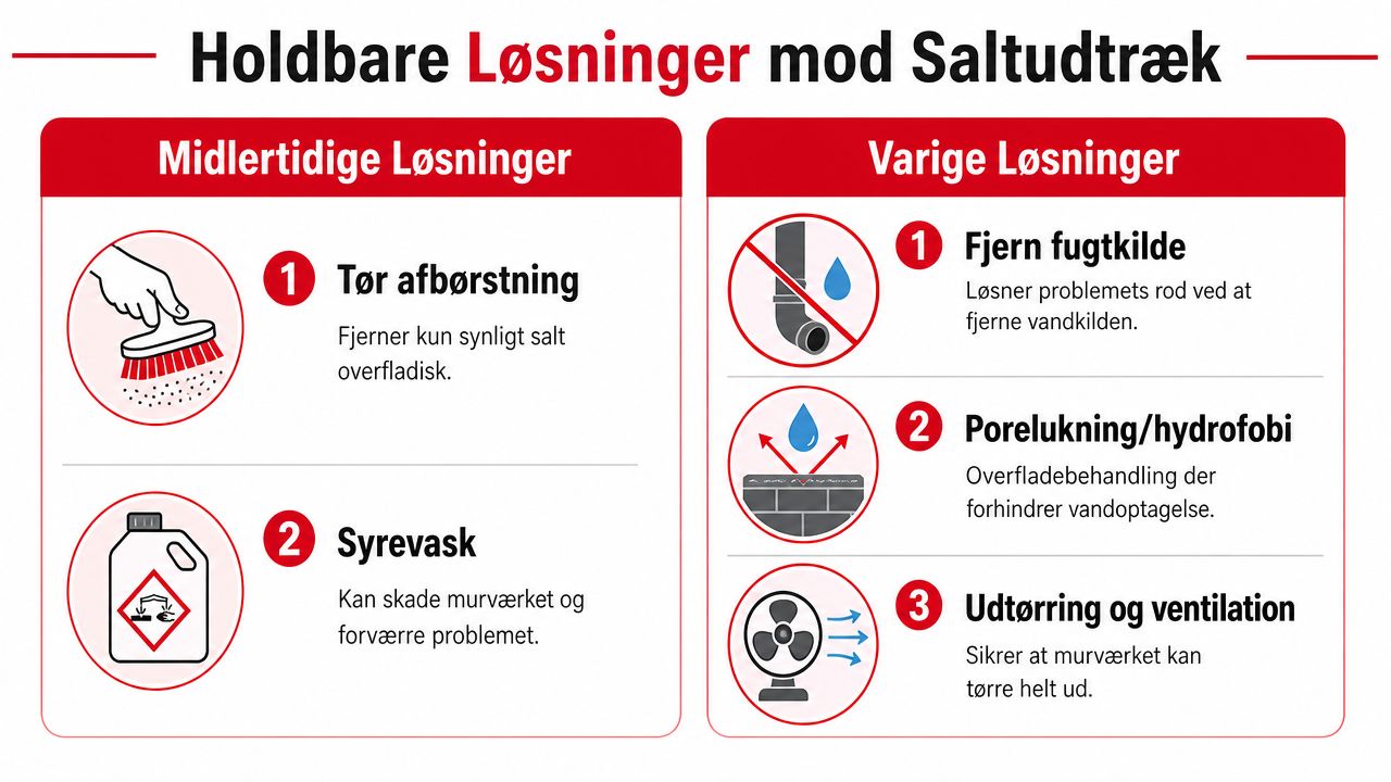 En infografik der viser midlertidige og varige løsninger mod saltudtræk i murværk med illustrationer og tekst.