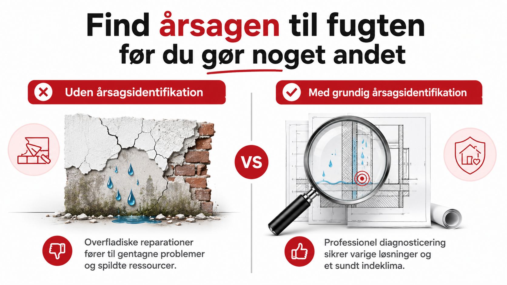 Illustration der sammenligner overfladiske reparationer med professionel fugtdiagnosticering for at sikre langvarige løsninger i hjemmet.