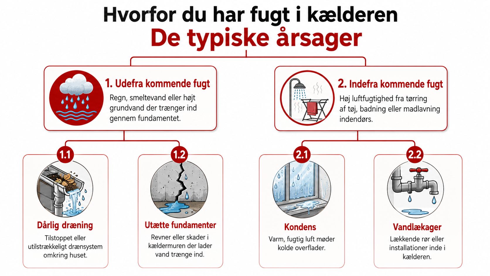 En infografik der viser de typiske årsager til fugt i kælderen, opdelt i udefra og indefra kommende fugt.