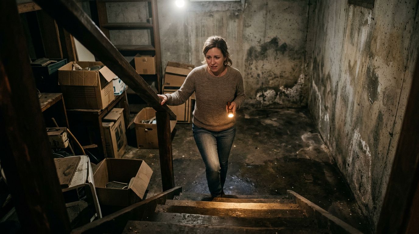 En bekymret kvinde med en lommelygte går op ad en trappe i en fugtig, mørk kælder.