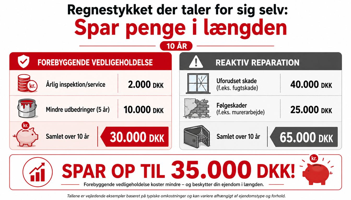 Infografik der viser den økonomiske fordel ved forebyggende vedligeholdelse frem for reaktive reparationer over ti år.
