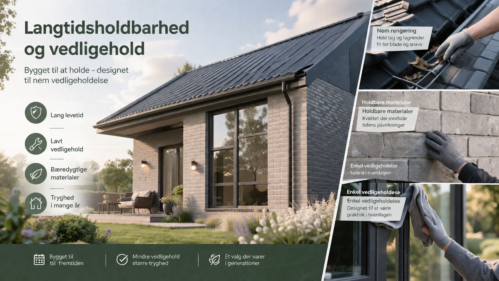 Et moderne hus der viser fokus på lang holdbarhed, nem vedligeholdelse og brug af bæredygtige byggematerialer til fremtiden.