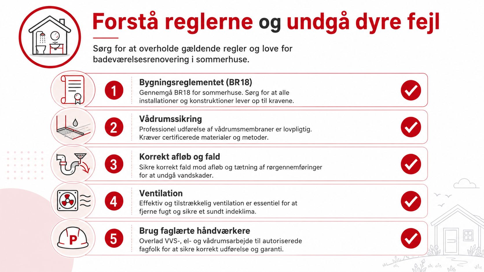 Infografik med fem vigtige råd om renovering af badeværelse i et sommerhus for at undgå fejl.