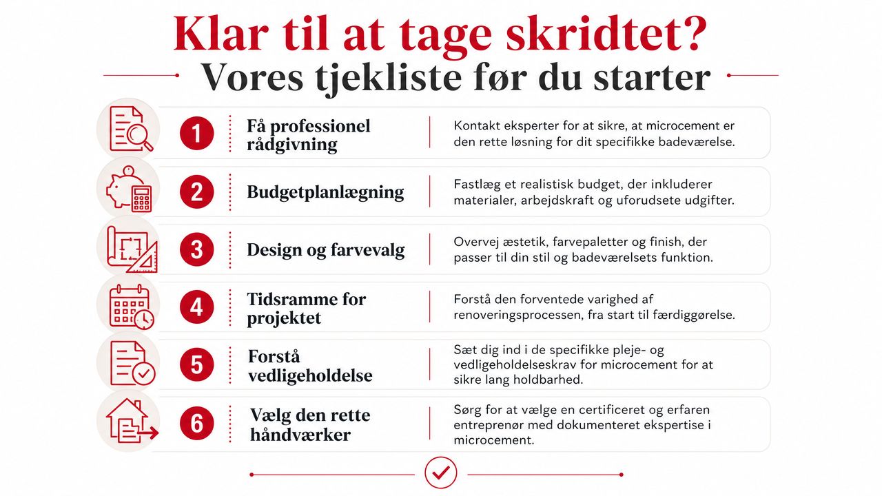 Tjekliste med seks vigtige trin til planlægning af en badeværelsesrenovering med microcement for et succesfuldt resultat.