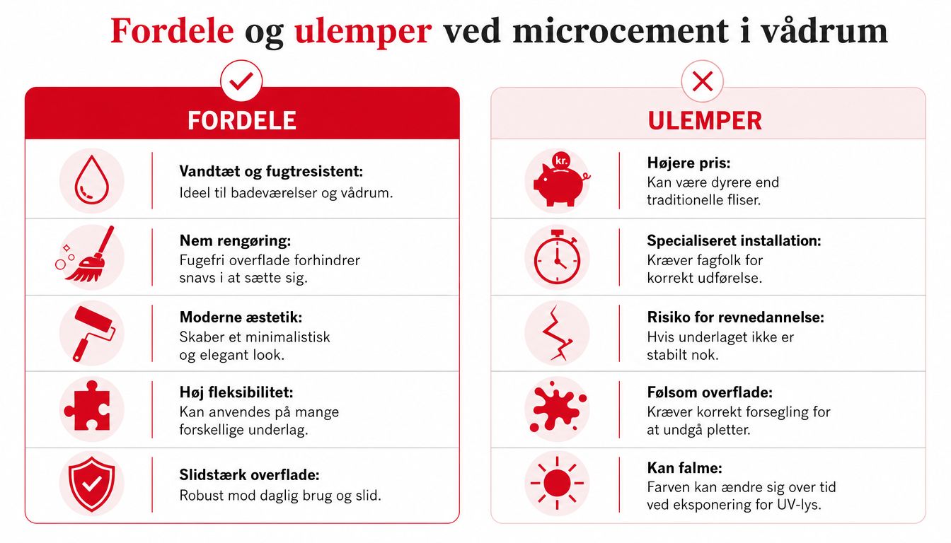 En infografik der viser fordele og ulemper ved at anvende microcement i vådrum og badeværelser.