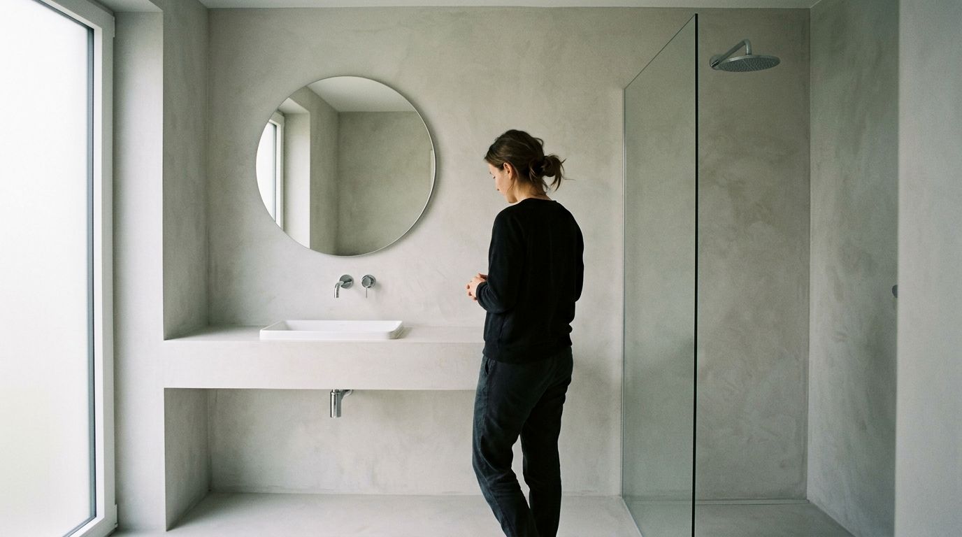 Person står i et moderne minimalistisk badeværelse med vægge og bordplade udført i grå microcement.