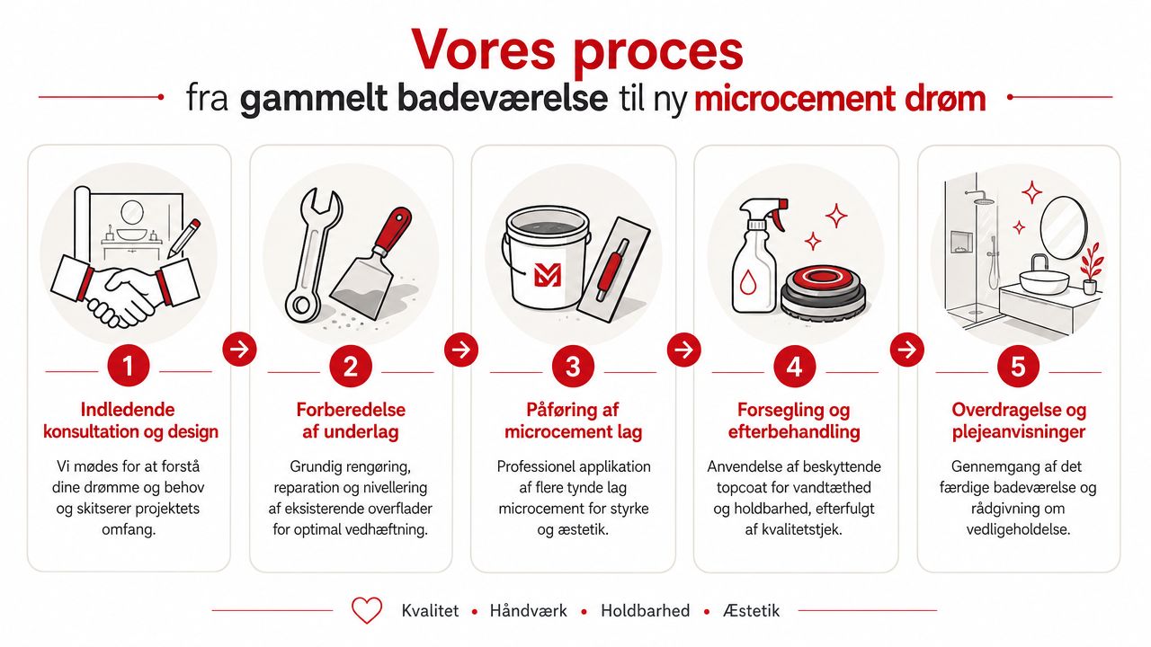 En procesgrafik der viser de fem trin fra gammelt badeværelse til en ny drøm med microcement.