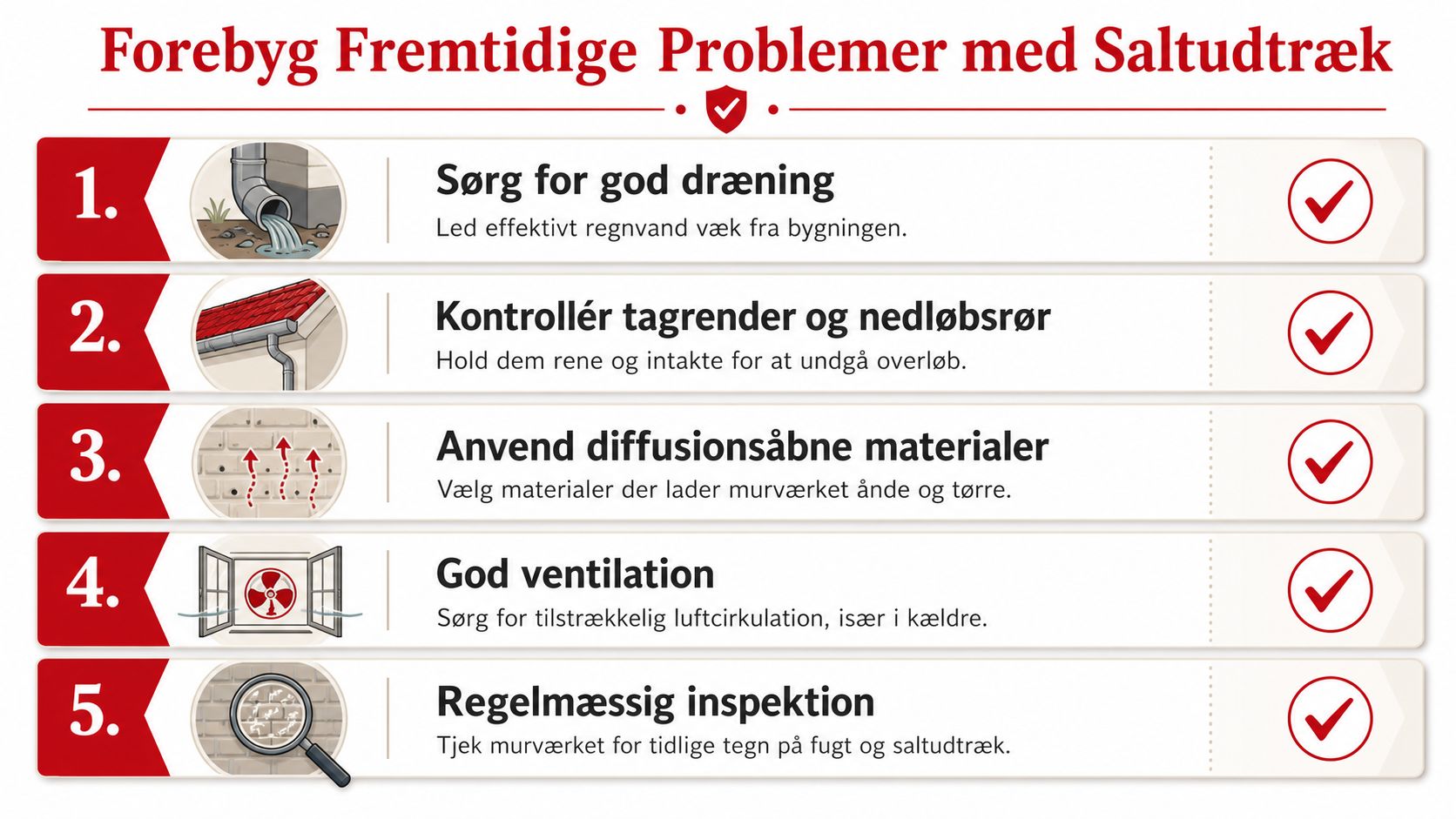 En infografik med fem råd til forebyggelse af saltudtræk og fugtskader i murværk på bygninger.