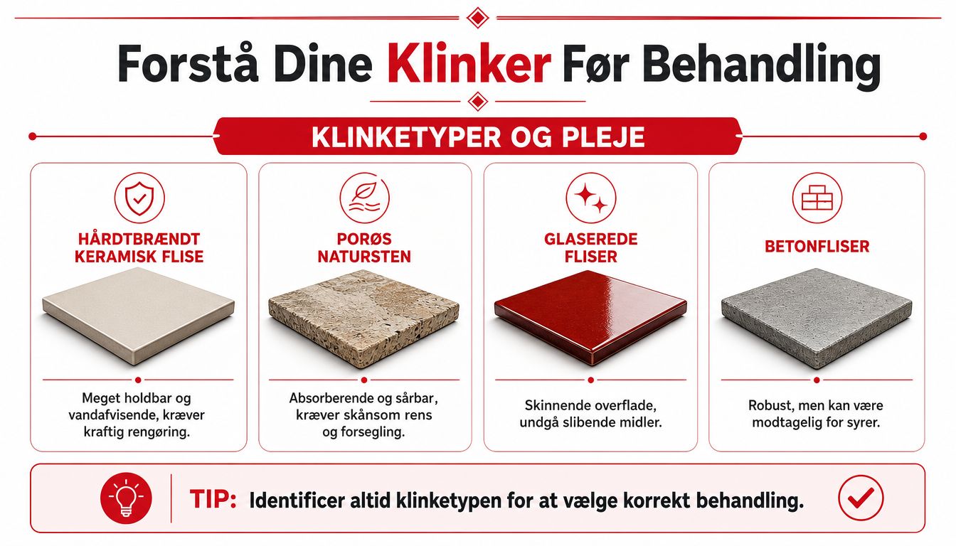 En infografik der viser de fire forskellige klinketyper og deres specifikke behov for behandling og vedligeholdelse.