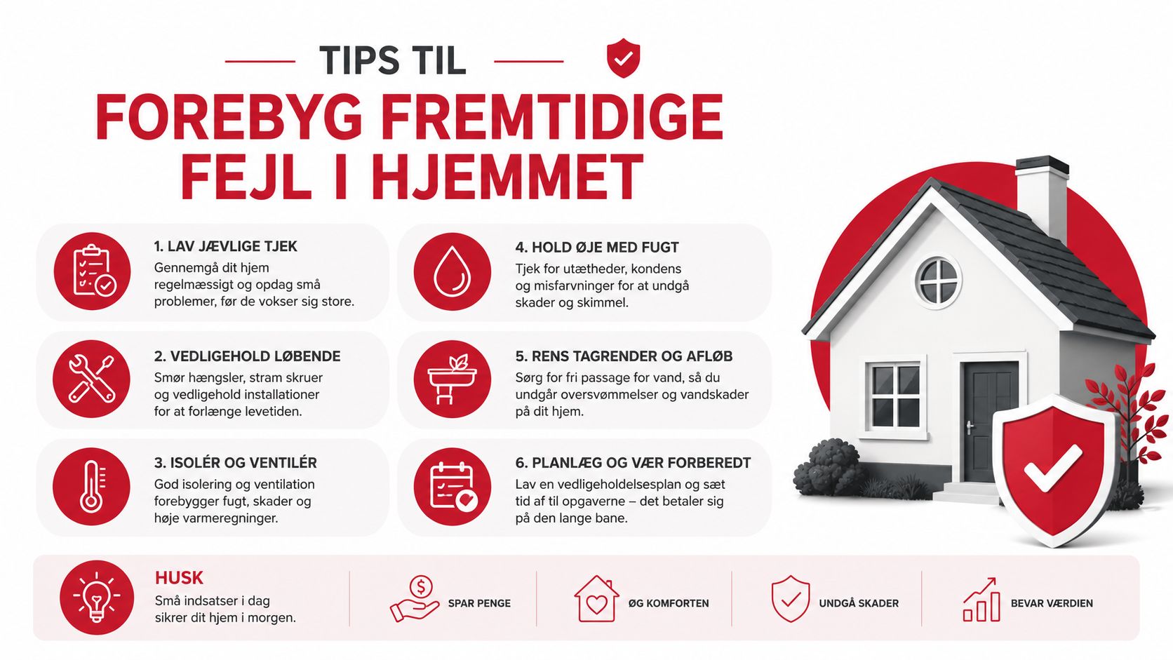 En infografik med seks tips til at forebygge skader og vedligeholde dit hjem effektivt.