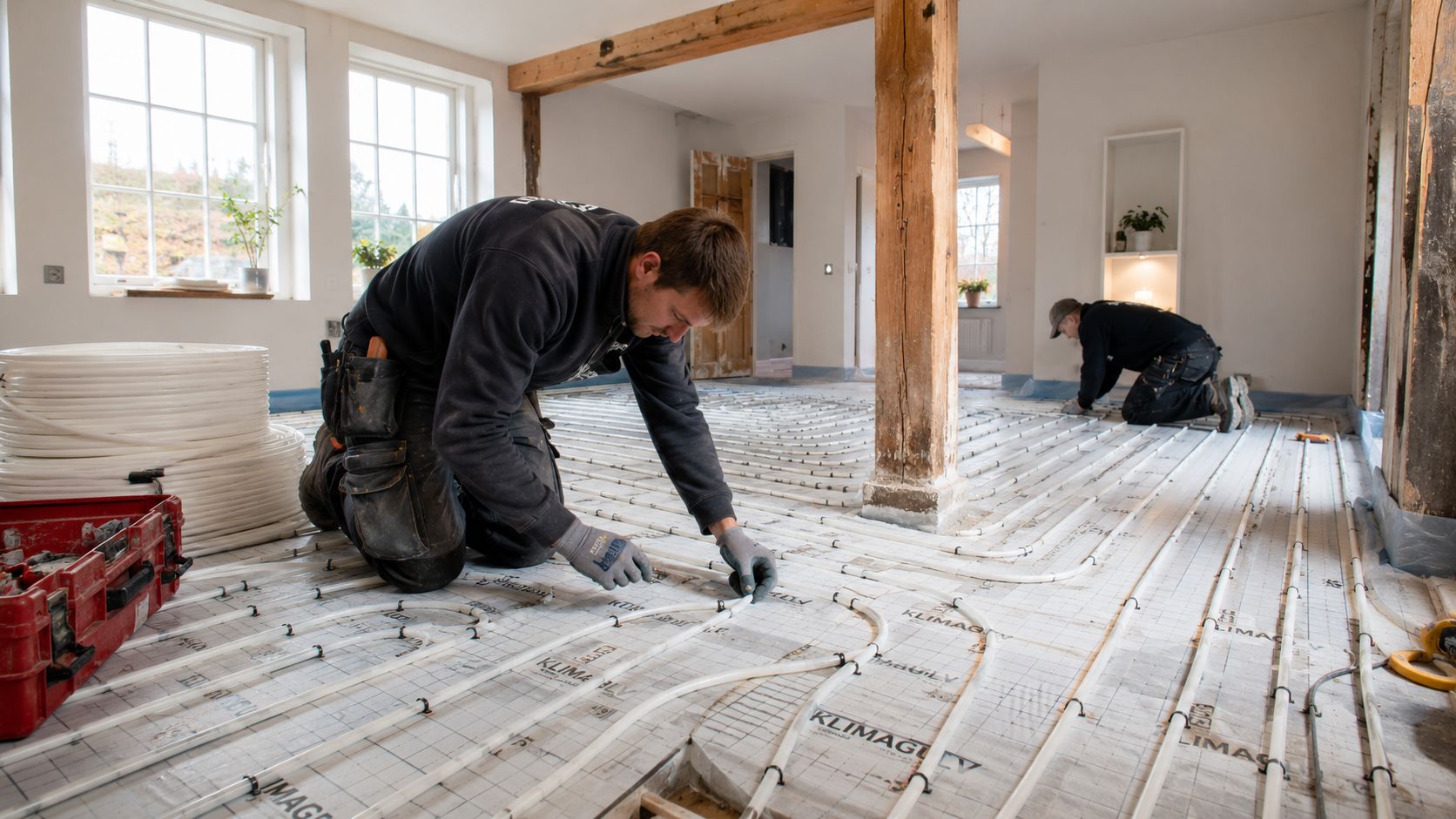 To håndværkere installerer vandbaseret gulvvarme med hvide slanger på et isolerende underlag i et hus under renovering.