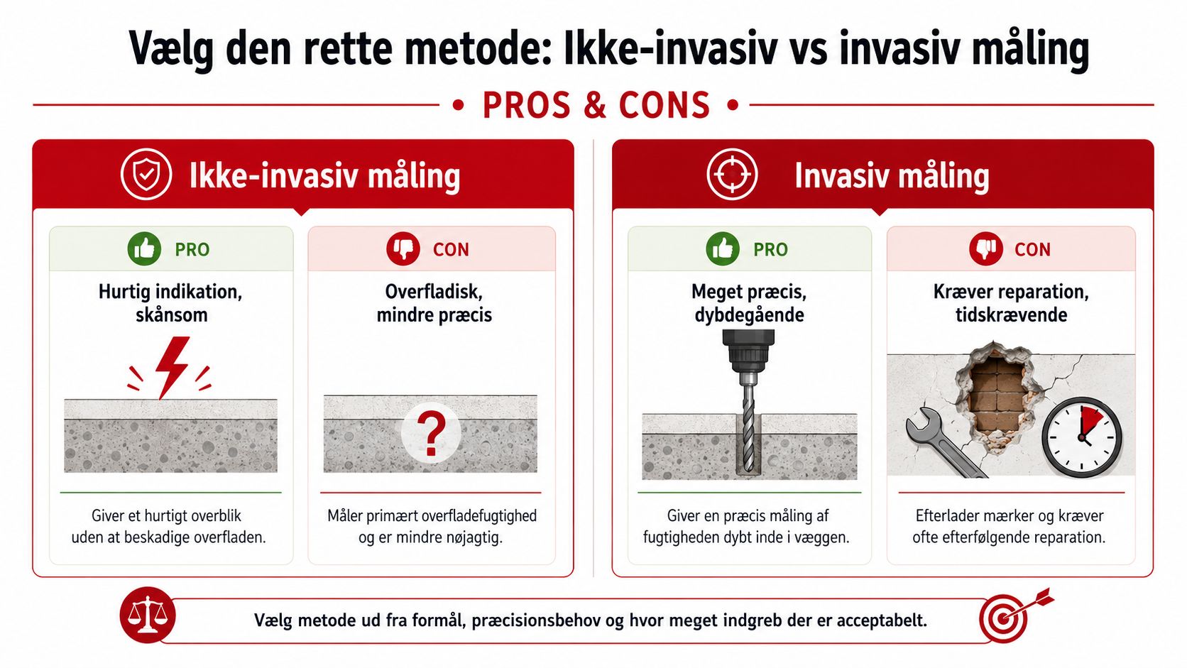 En sammenlignende infografik over fordele og ulemper ved ikke-invasiv og invasiv fugtmåling i vægge.
