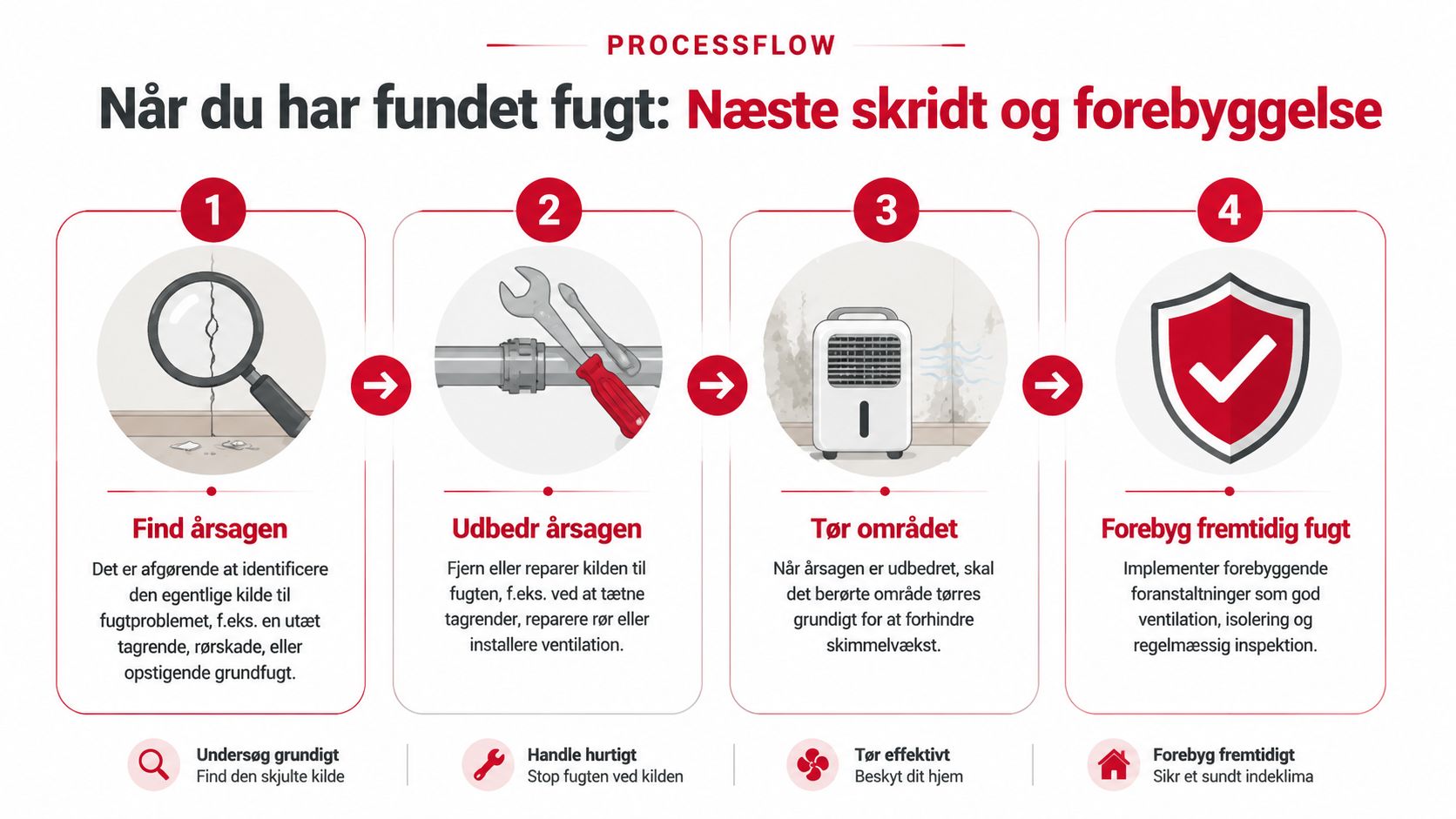En procesgrafik der viser fire trin til at håndtere og forebygge fugtproblemer i en bolig.