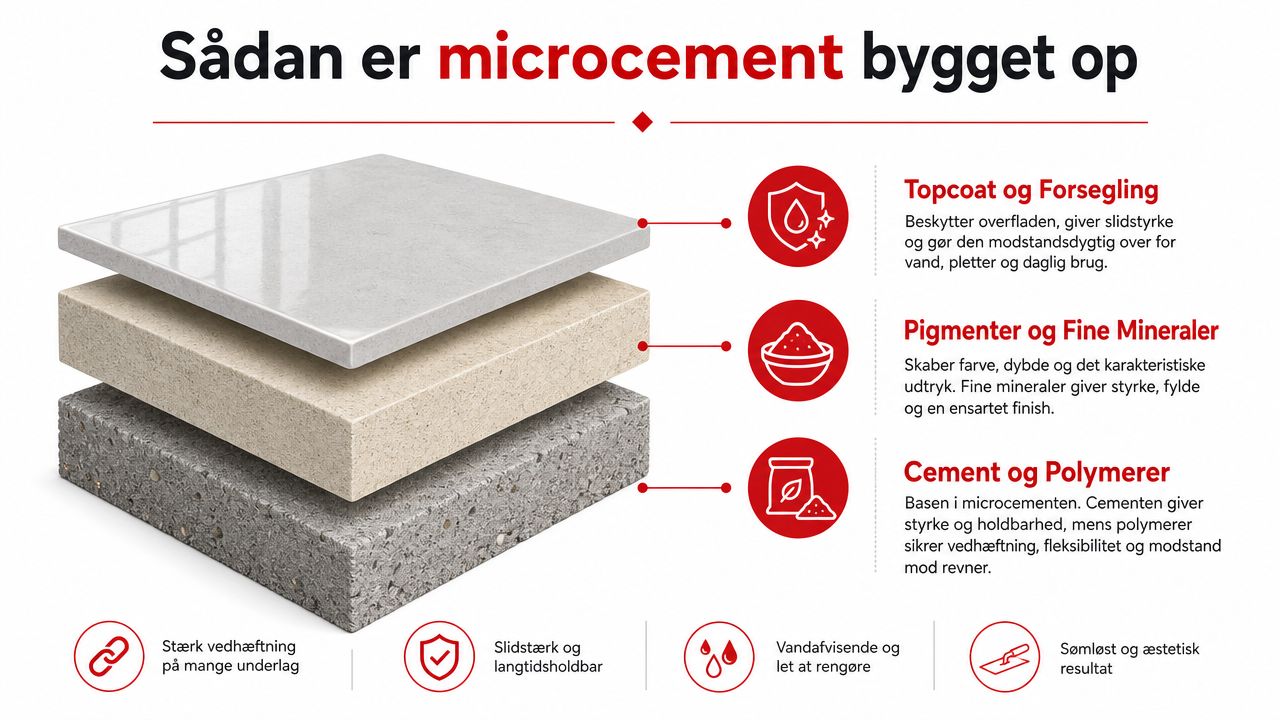 En illustration der viser de tre lag i microcement opbygning fra top til bund med forklarende tekster.