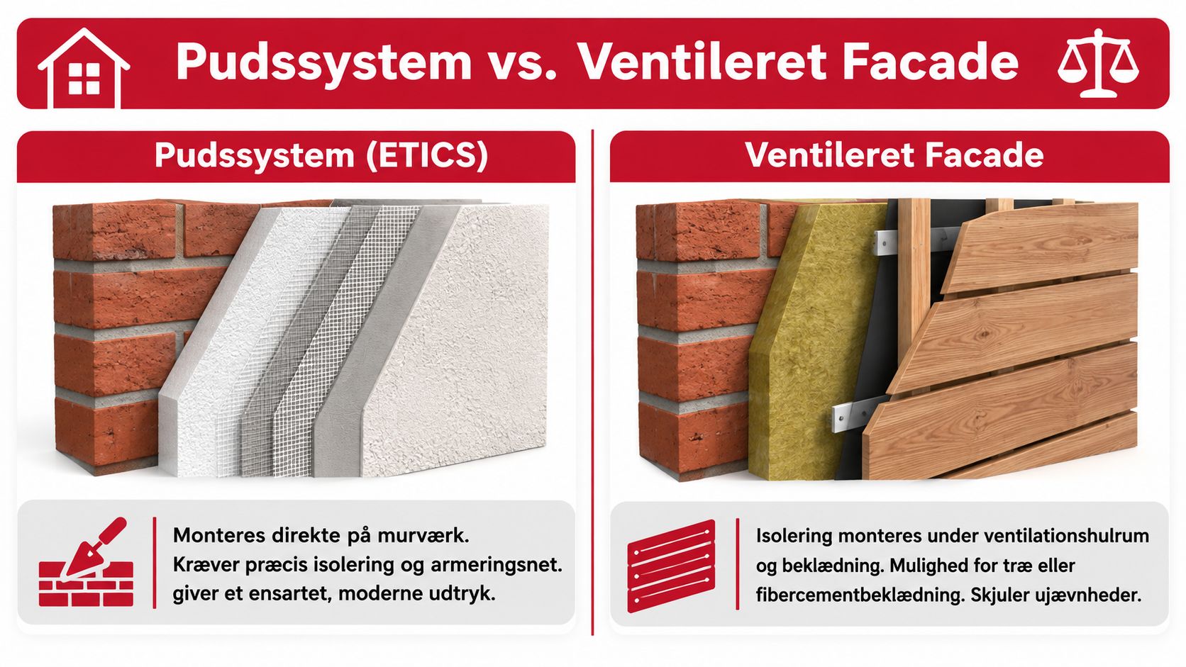 Sammenligning af facade isolering: pudssystem og ventileret facade med træbeklædning og murstensbagvæg.