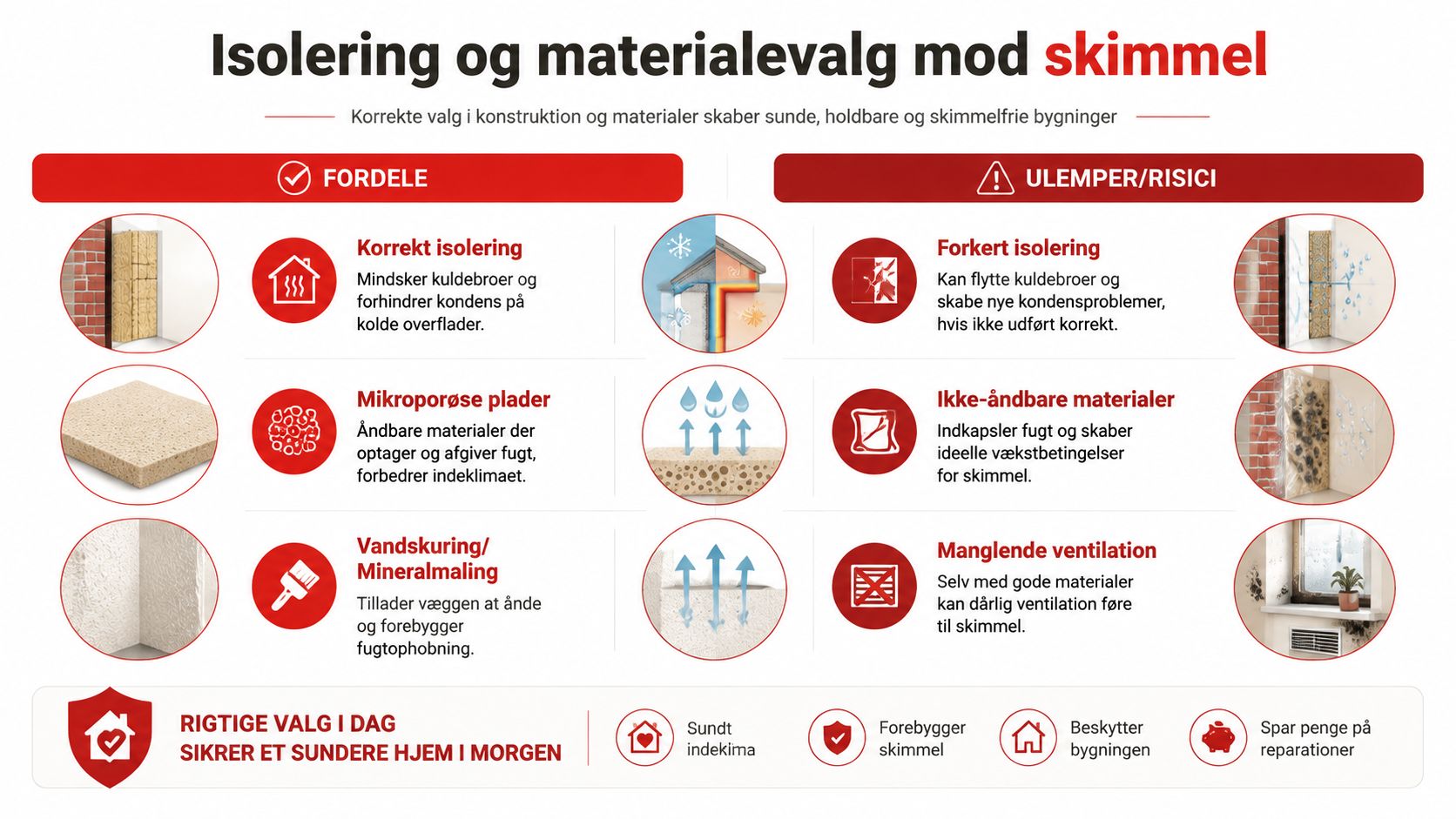En infografik der viser vigtigheden af korrekt isolering og materialevalg for at forebygge skimmelsvamp i bygninger.