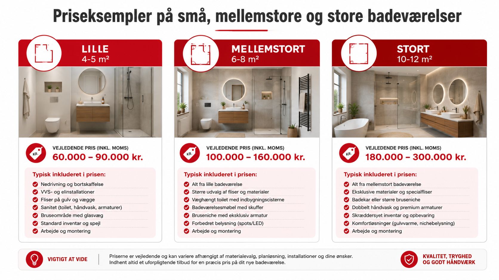 Prisoversigt for renovering af små, mellemstore og store badeværelser med inkluderede ydelser og vejledende priser.