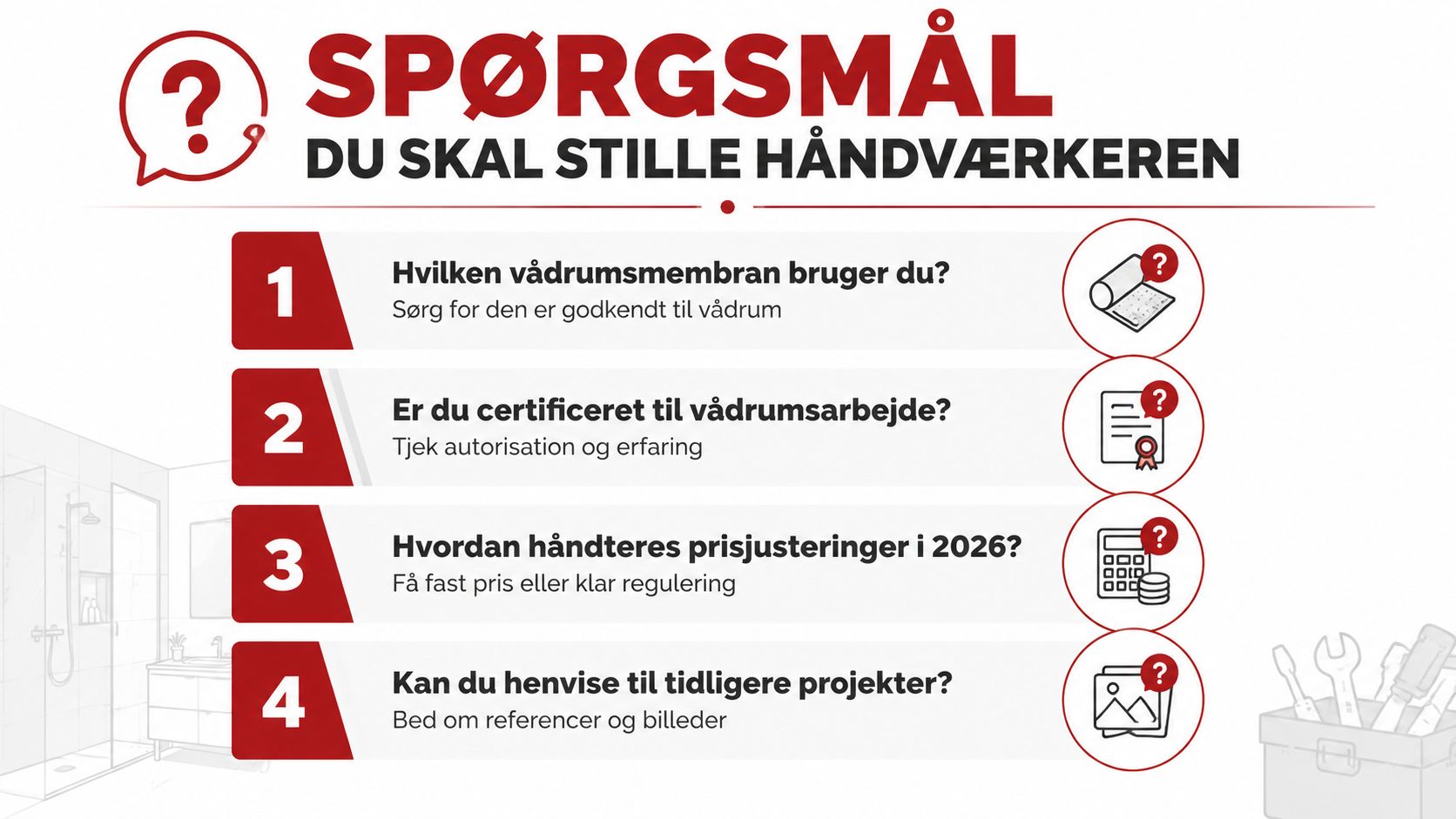 En liste med fire vigtige spørgsmål til håndværkeren før renovering af nyt badeværelse for at sikre kvalitet.