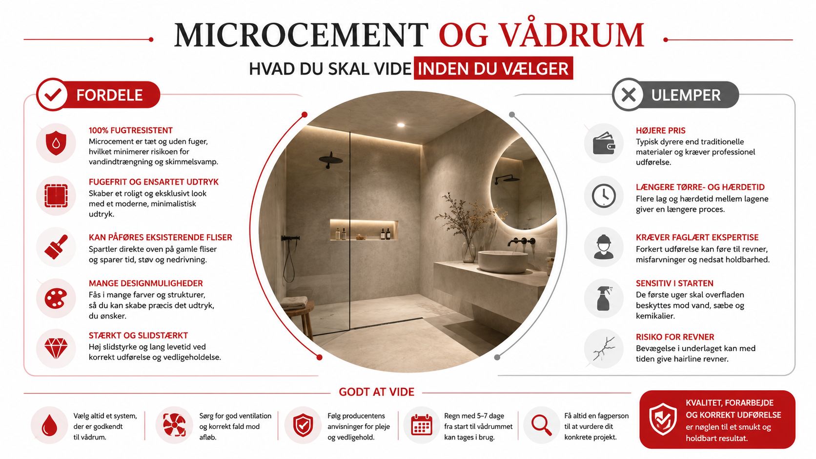 En infografik der viser fordele og ulemper ved brug af microcement til renovering af vådrum og badeværelser.