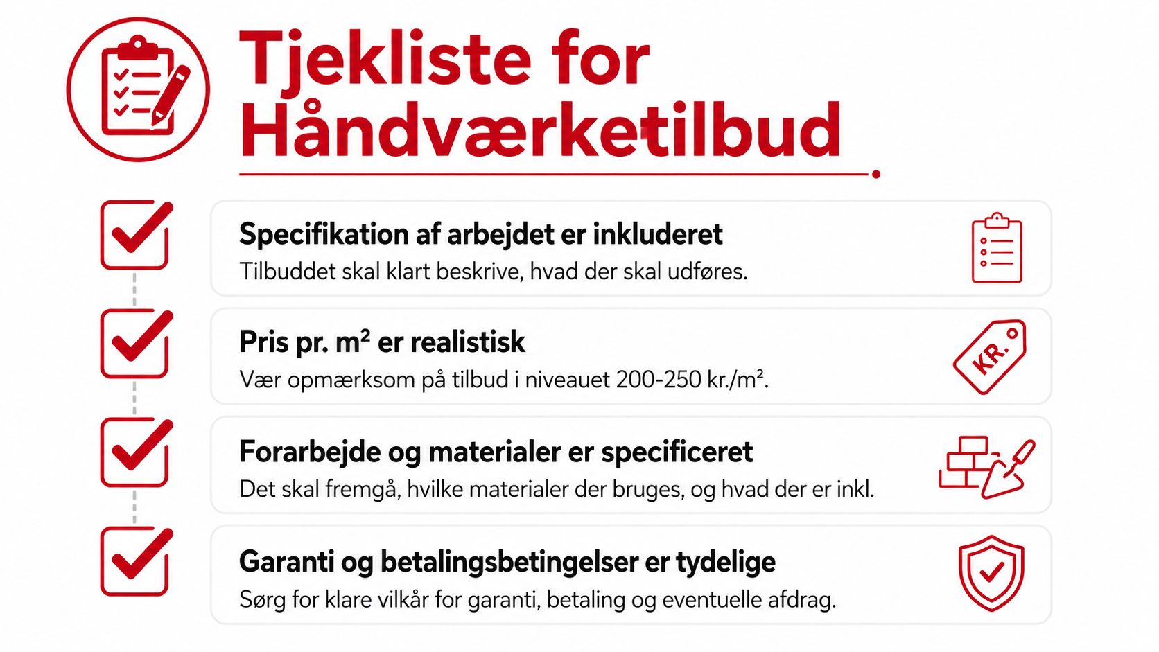 Tjekliste med vigtige punkter til vurdering af tilbud på håndværkerarbejde, herunder pris, materialer og garanti.