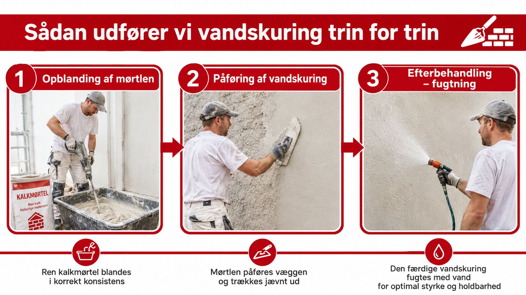 Illustration der viser tre trin til korrekt vandskuring af en murstensvæg med kalkmørtel og efterbehandling.