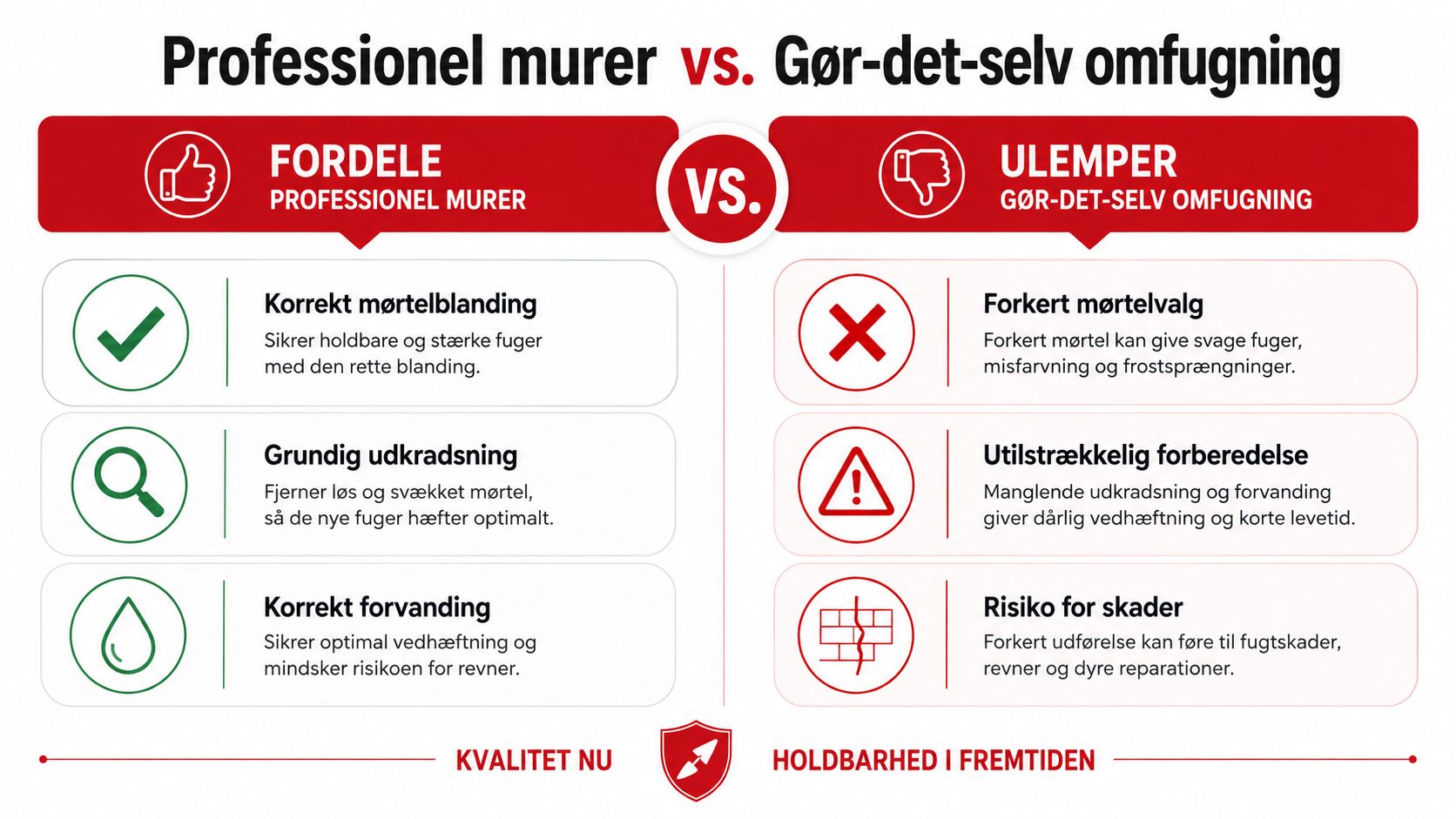 En infografik der sammenligner fordele ved professionel omfugning med ulemper ved gør-det-selv omfugning af murværk.