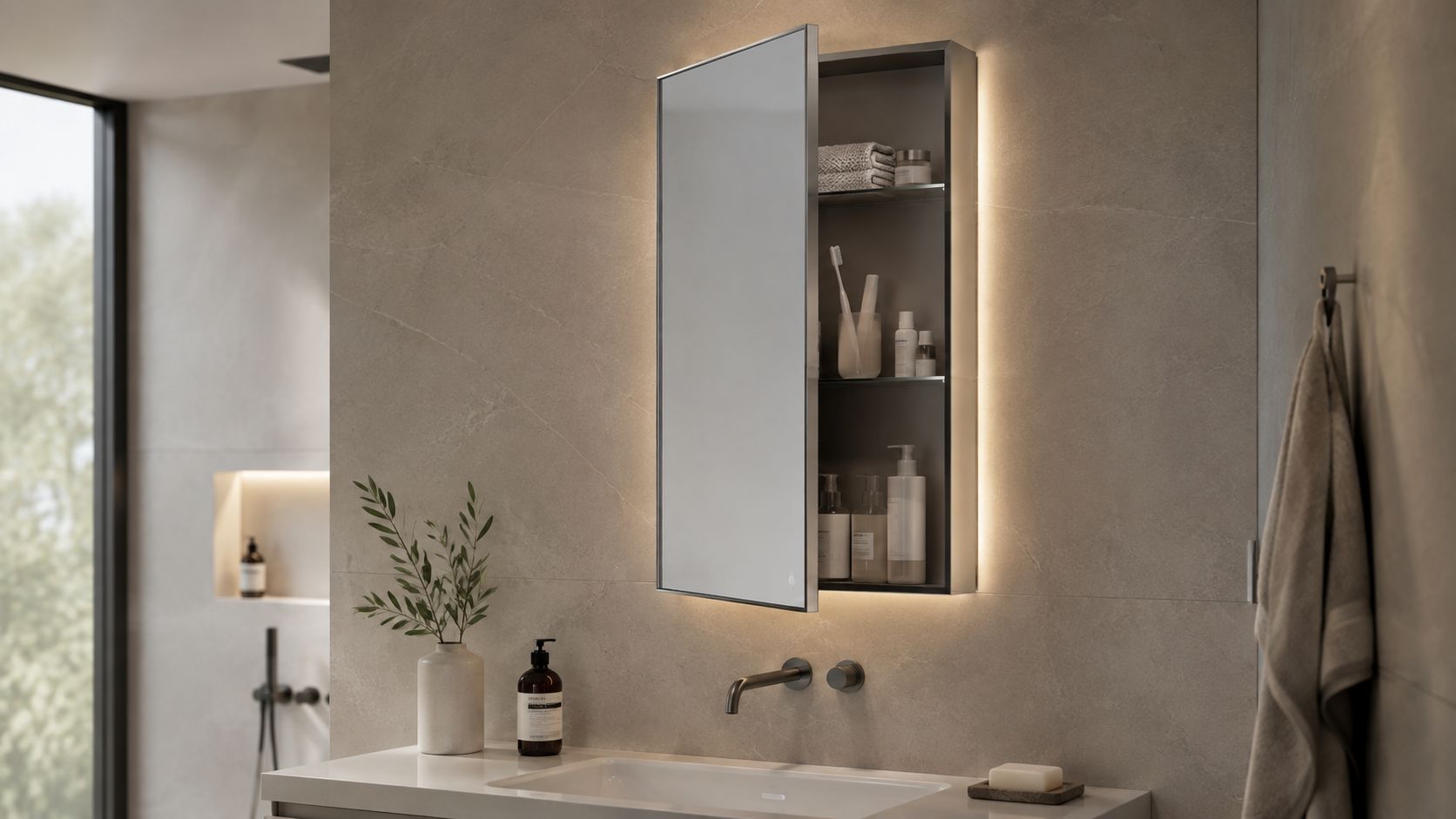 Et moderne spejlskab med integreret LED-belysning placeret over en vask i et minimalistisk badeværelse med opbevaringsplads.