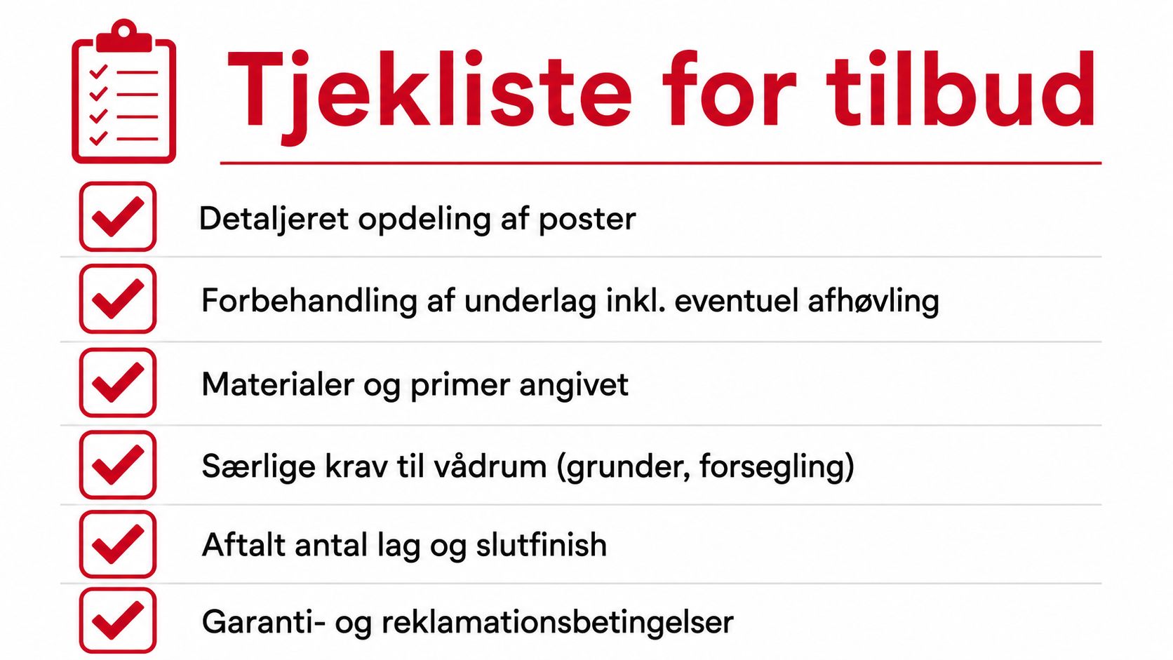 En tjekliste til tilbud med seks vigtige punkter for renoveringsopgaver, herunder materialer og garantibetingelser.