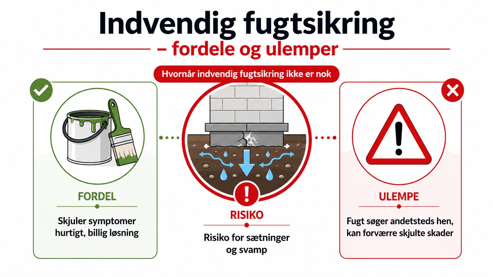 En infografik der viser fordele og ulemper ved indvendig fugtsikring samt de tilhørende risici for fundamentet.