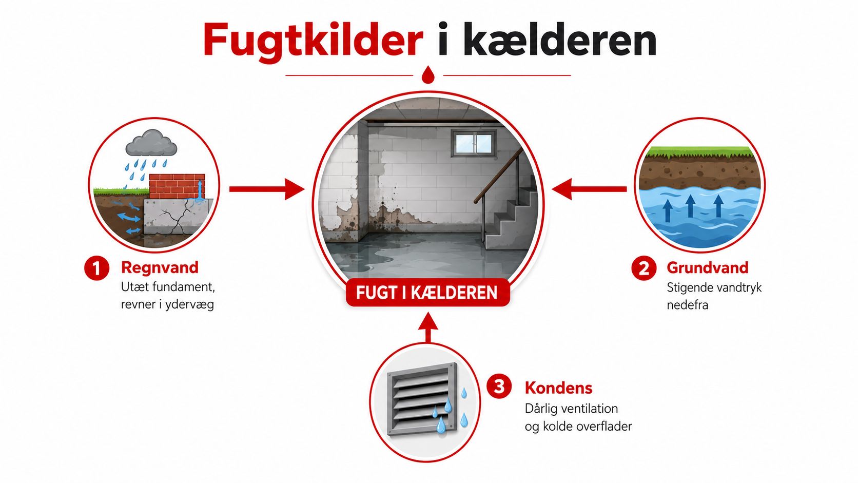 Illustration der viser tre primære årsager til fugt i kælderen: regnvand, grundvand og kondens fra dårlig ventilation.