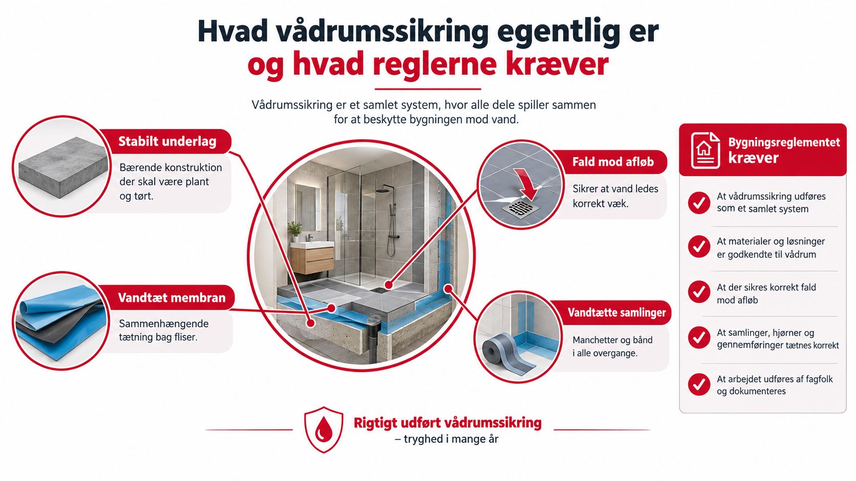 En infografik der forklarer krav og komponenter til korrekt vådrumssikring i et badeværelse for at undgå vandskader.