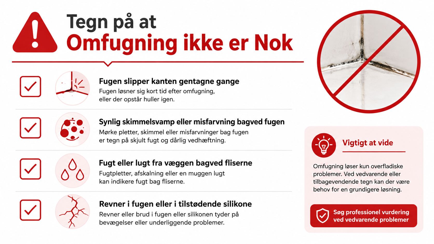 Infografik der viser fire advarselstegn på at omfugning af badeværelset ikke er en tilstrækkelig løsning.