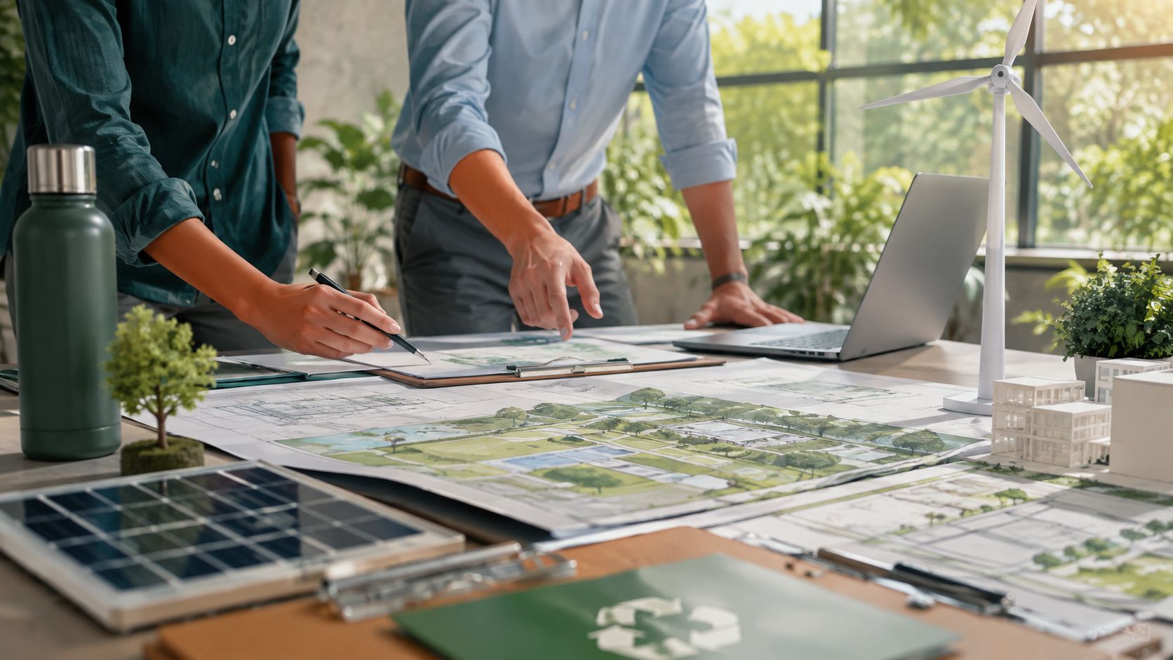 To ingeniører arbejder sammen på arkitekttegninger af bæredygtige byggeprojekter med vindmøller og solceller på deres skrivebord.