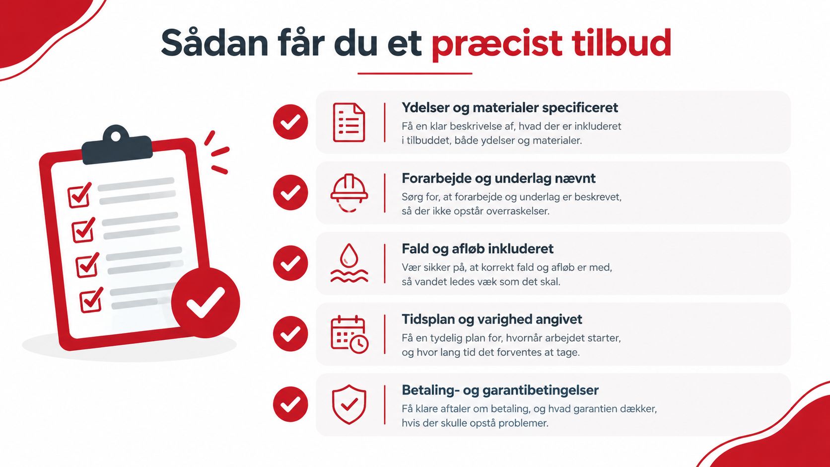 En infografik der forklarer hvordan man får et præcist tilbud på murerarbejde med fem vigtige punkter.