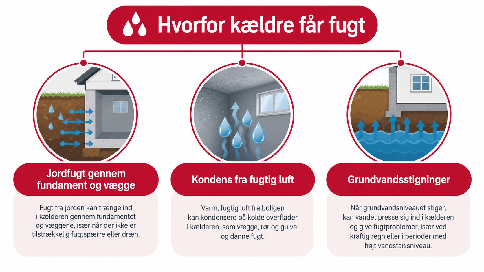 En infografik der viser tre årsager til fugt i kældre: jordfugt, kondens og stigende grundvand.