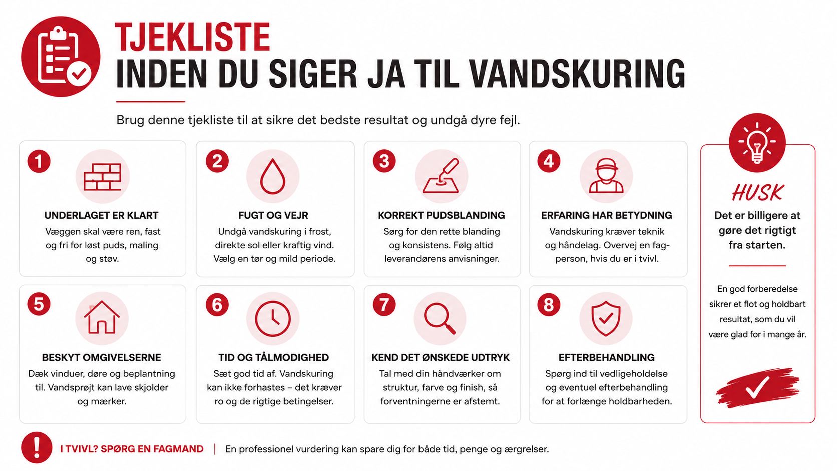 Tjekliste med otte vigtige punkter man bør overveje før man vælger at foretage vandskuring af sit hus.