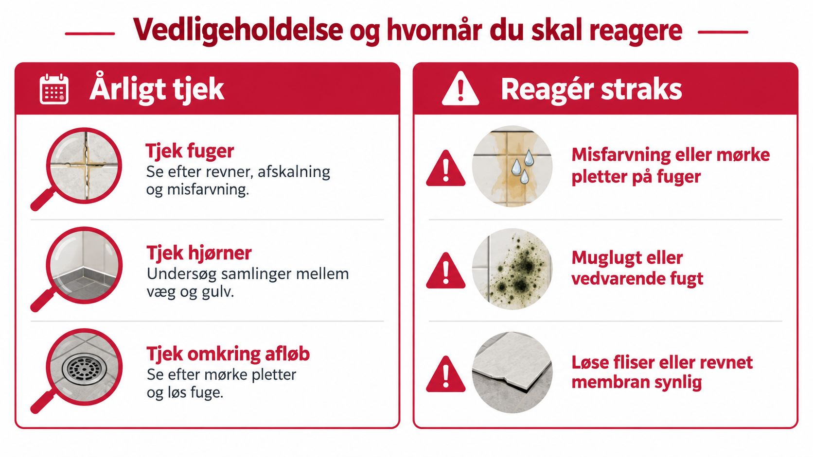 En infografik der viser vigtige råd om vedligeholdelse af badeværelset og hvornår du skal reagere.